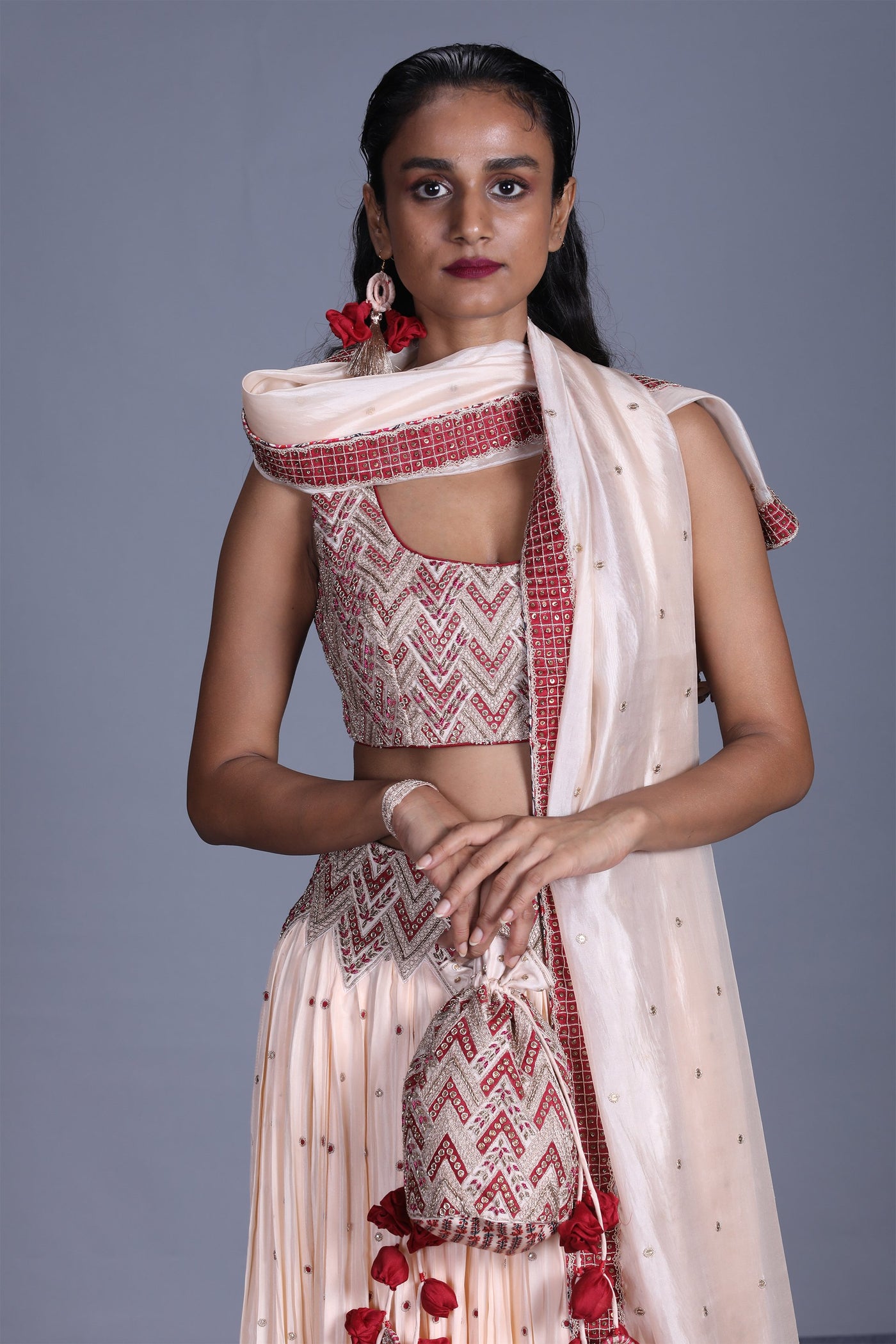 Peach Crushed Lehenga Hand Embellished Blouse