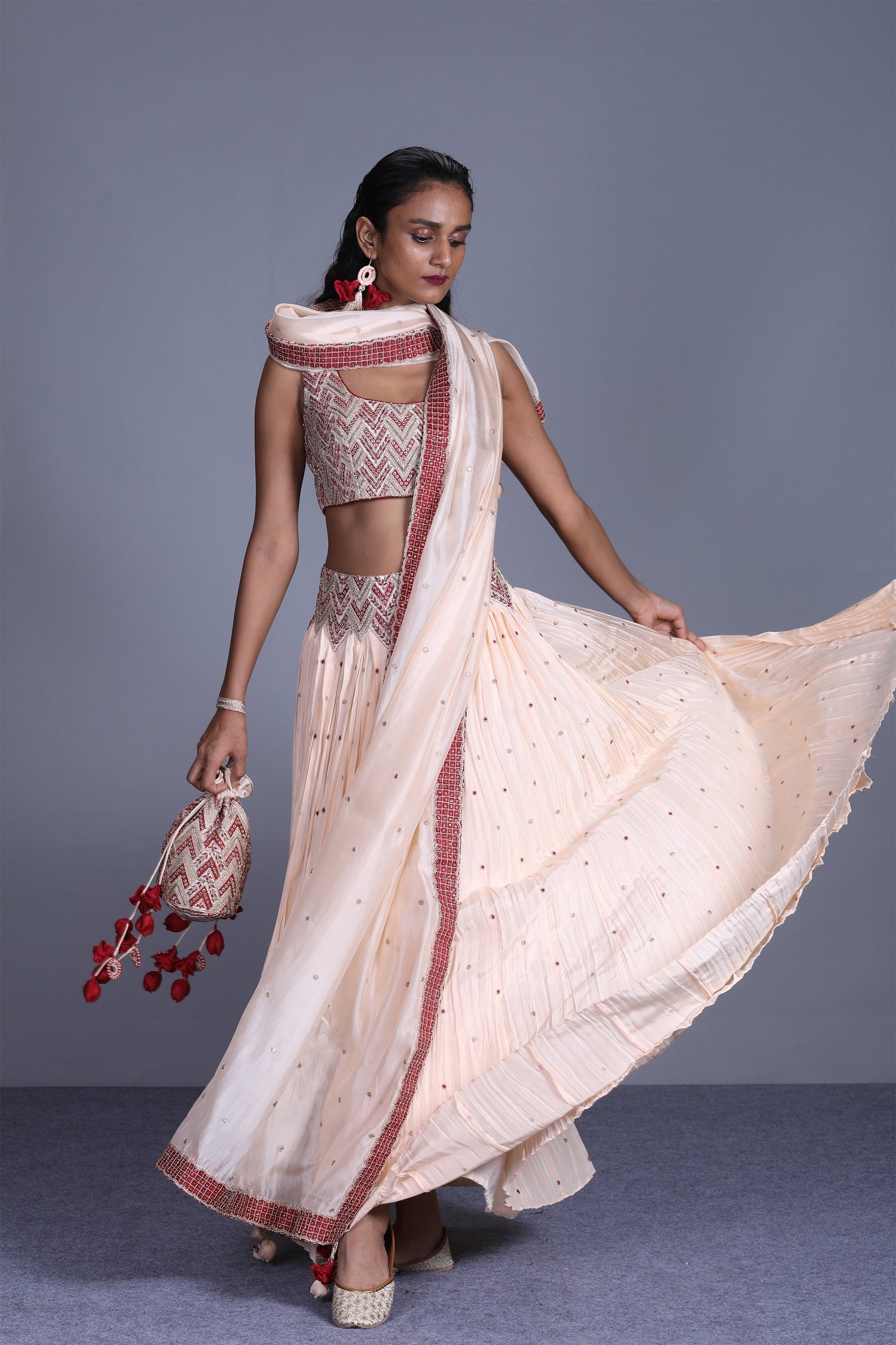 Peach Crushed Lehenga Hand Embellished Blouse