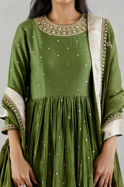 Punit Balana Pickle Green Zero Neck Anarkali With Dupatta And Chudidar festive indian designer wear online shopping melange singapore