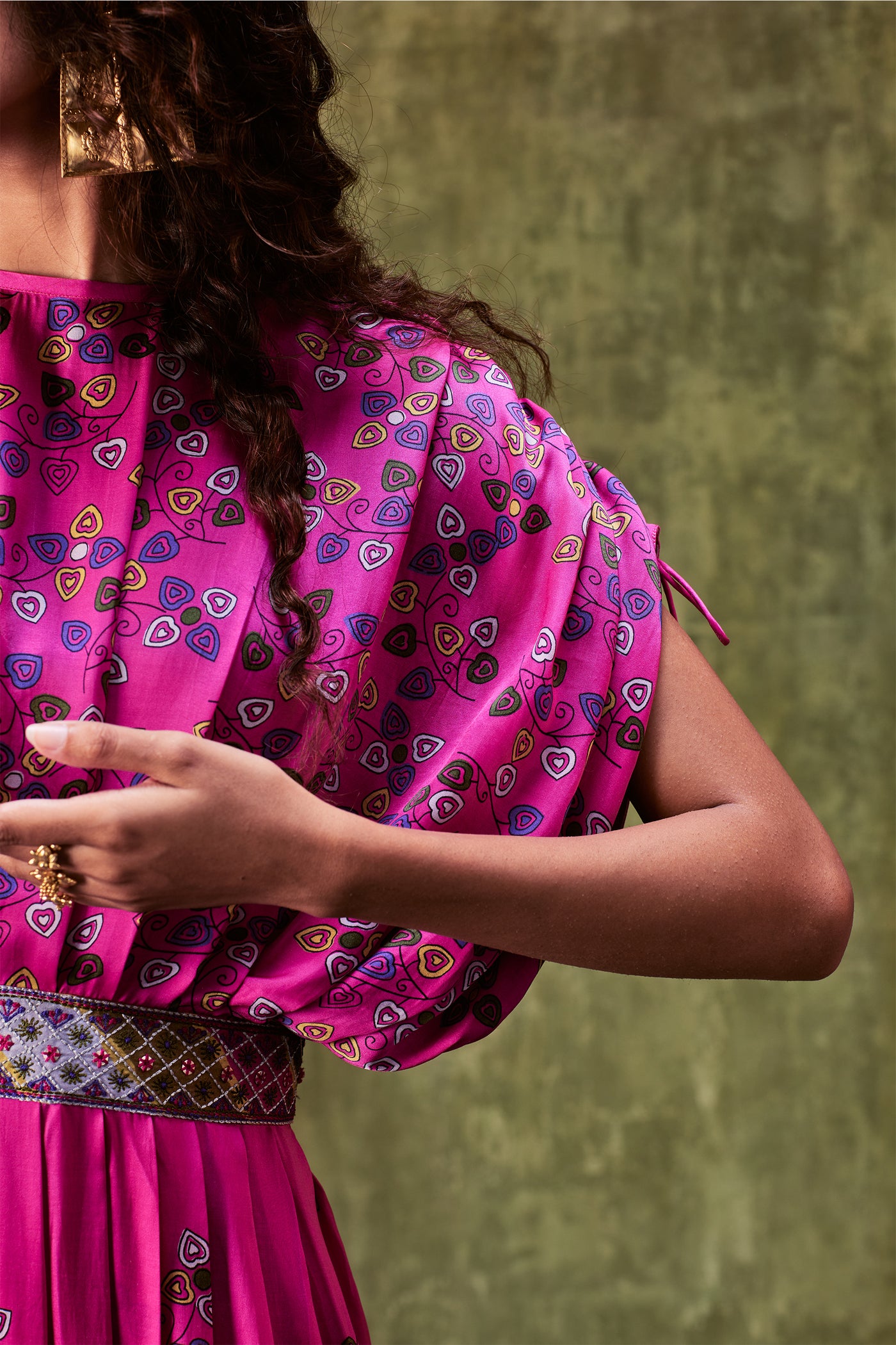 Punit Balana Pink printed waistbelt dress embroidered with resham work western indian designer wear online shopping melange singapore