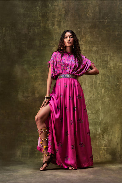Punit Balana Pink printed waistbelt dress embroidered with resham work western indian designer wear online shopping melange singapore