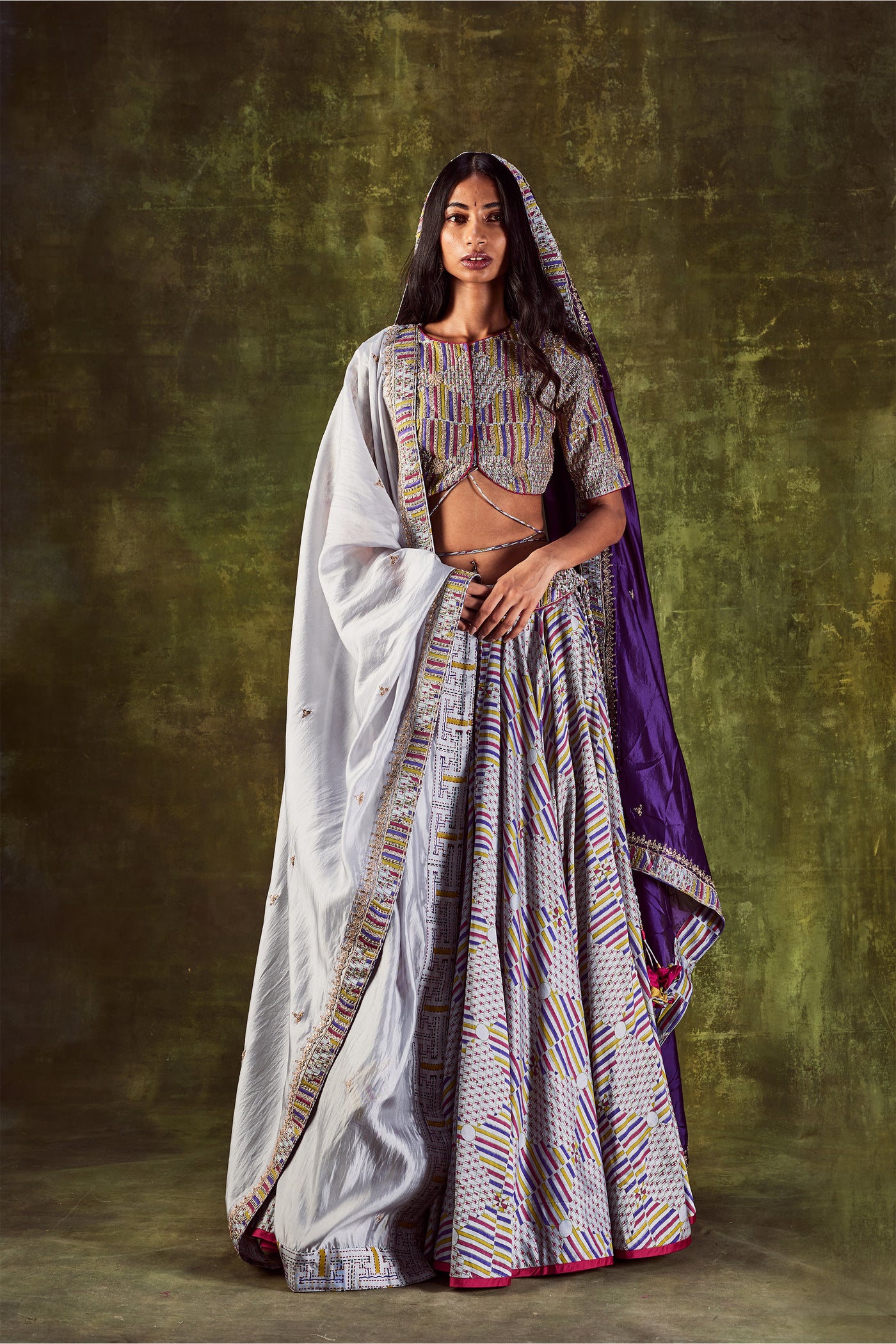 Punit Balana Printed Front Tie-up Blouse With Lehenga And Dupatta grey purple festive indian designer wear online shopping melange singapore