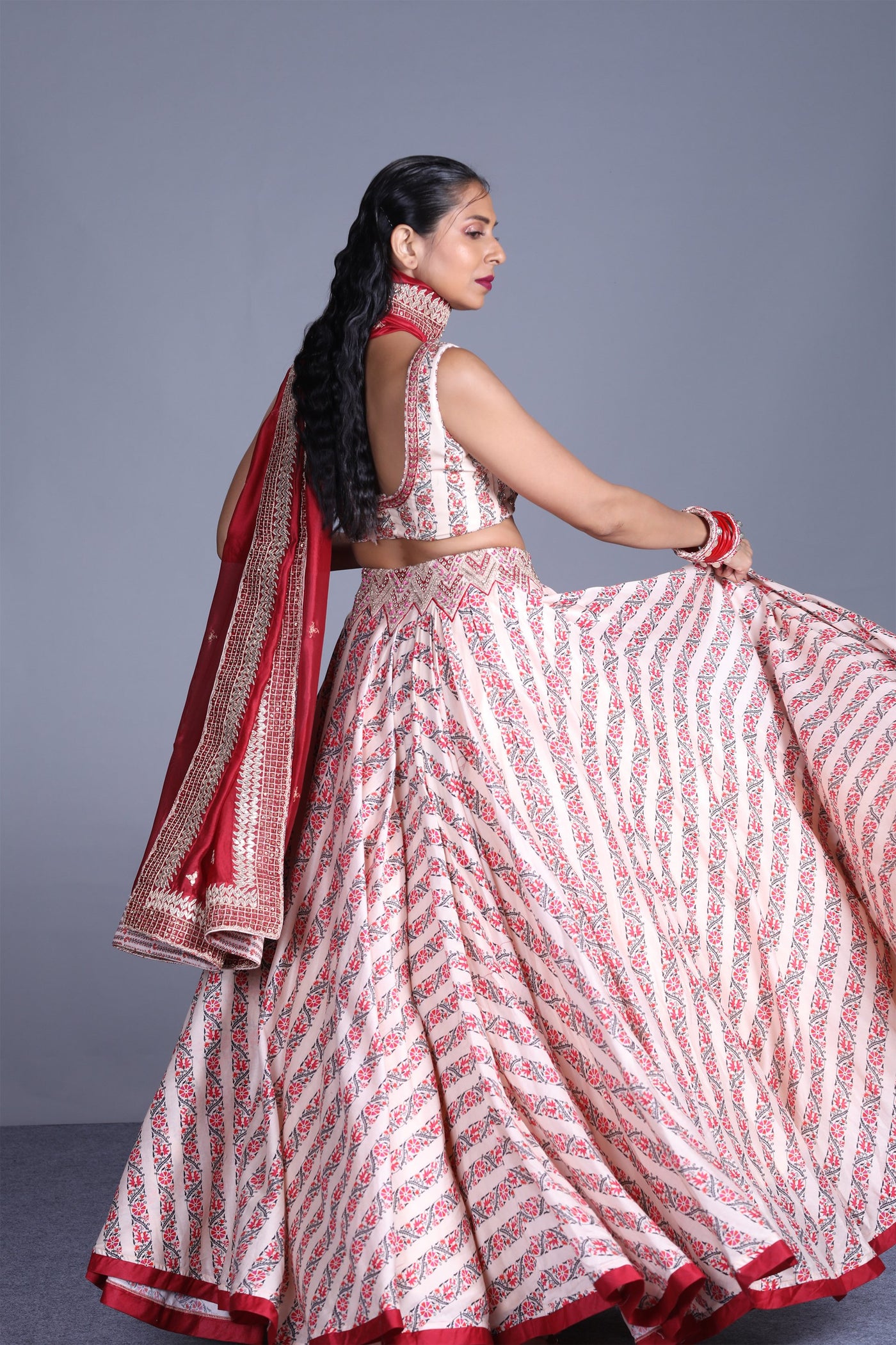 Printed Lengha Buttercup With red Dupatta