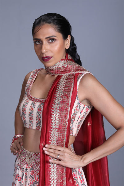 Printed Lengha Buttercup With red Dupatta