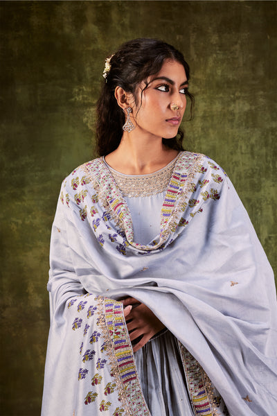 Punit Balana Grey Round Neck Anarkali Set Paired With Printed Dupatta & Churidar festive indian designer wear online shopping melange singapore