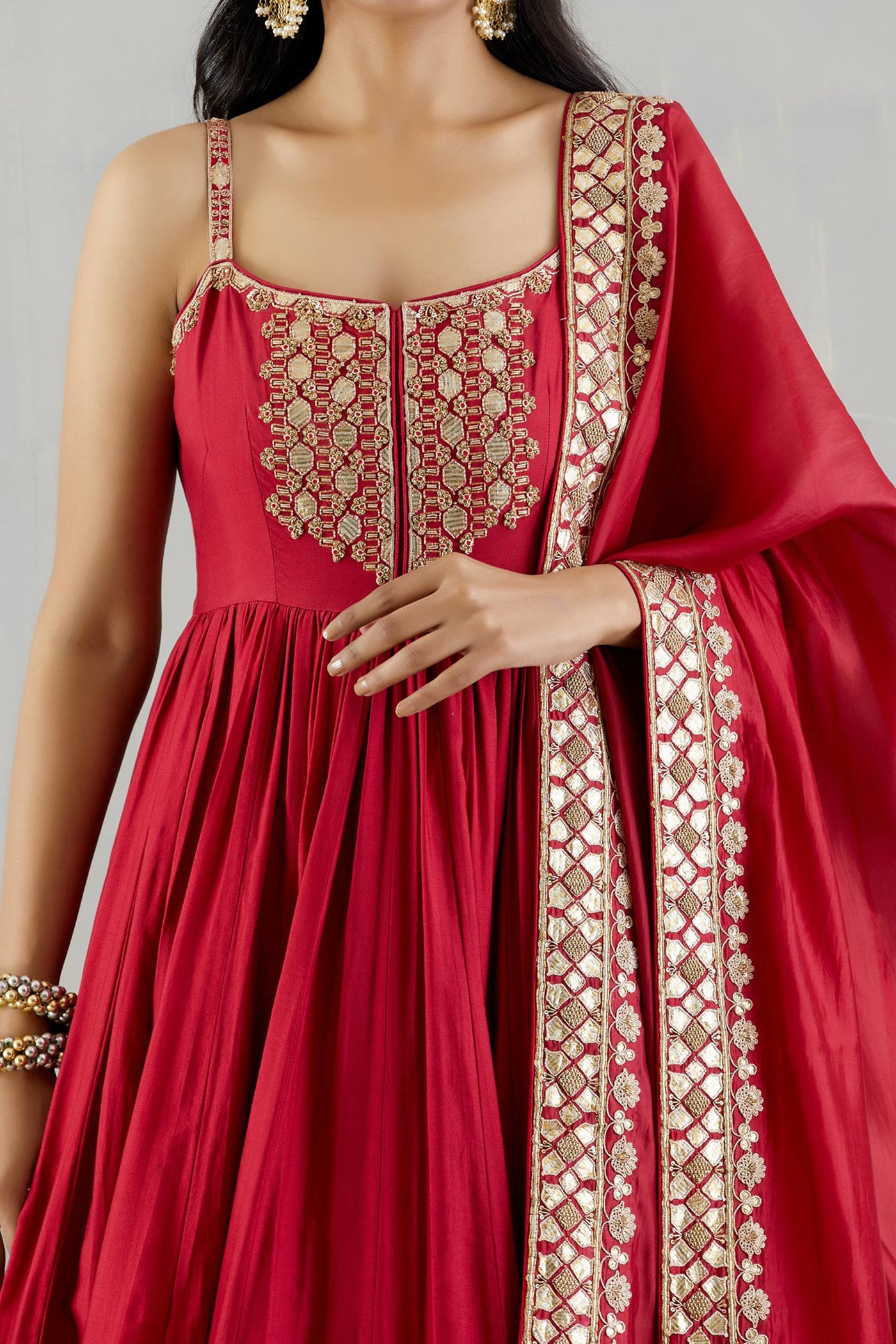 Punit Balana Red Strappy Heavy Anarkali With Organza Silk Dupatta red festive indian designer wear online shopping melange singapore