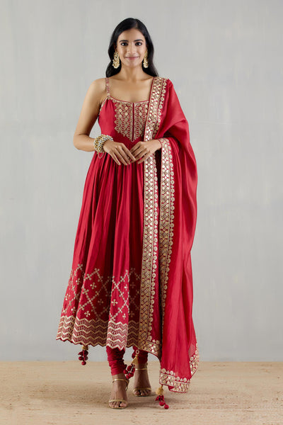 Punit Balana Red Strappy Heavy Anarkali With Organza Silk Dupatta red festive indian designer wear online shopping melange singapore