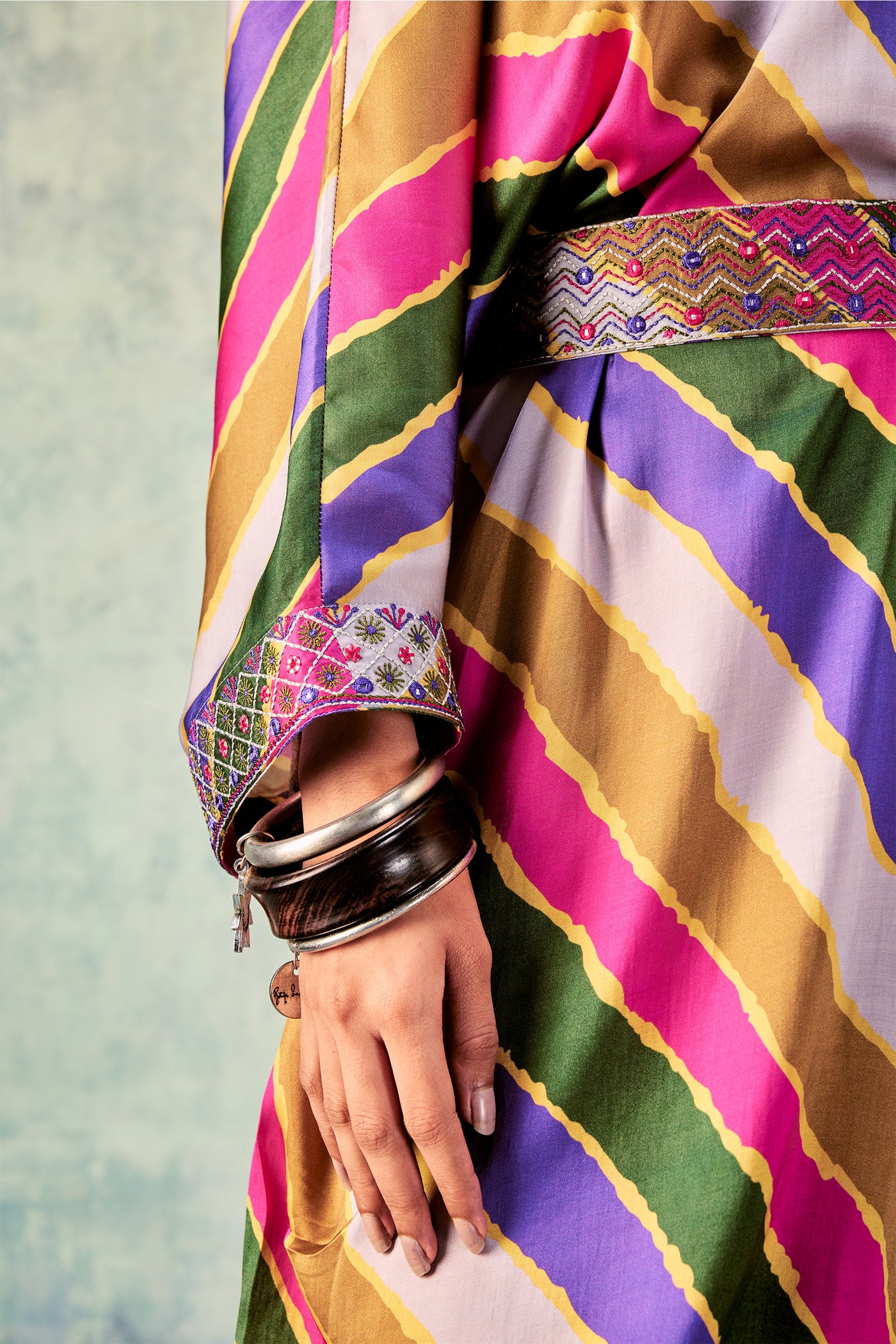 Punit Balana Stripes printed dress with resham work belt grey pink purple western indian designer wear online shopping melange singapore