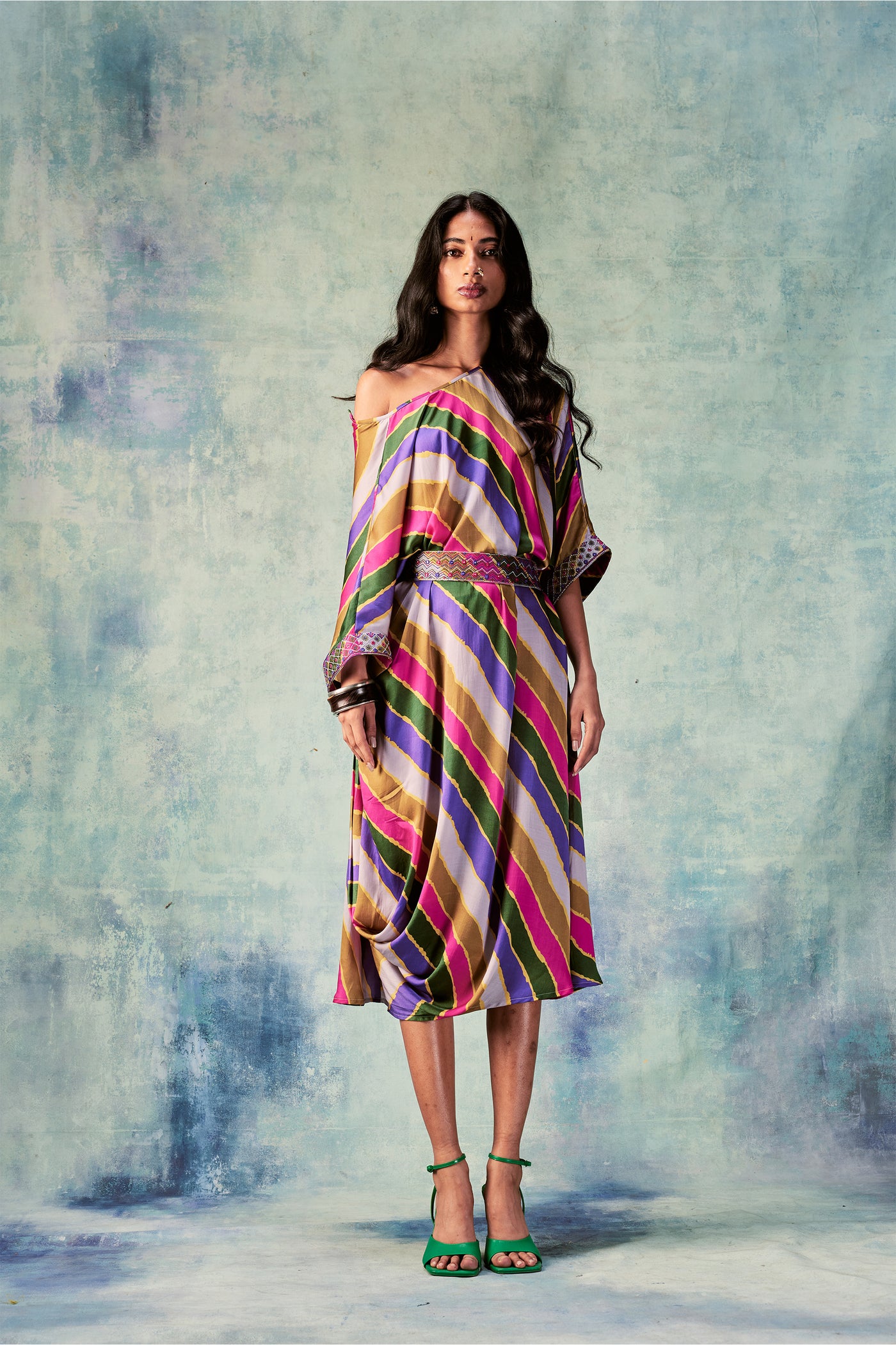 Punit Balana Stripes printed dress with resham work belt grey pink purple western indian designer wear online shopping melange singapore