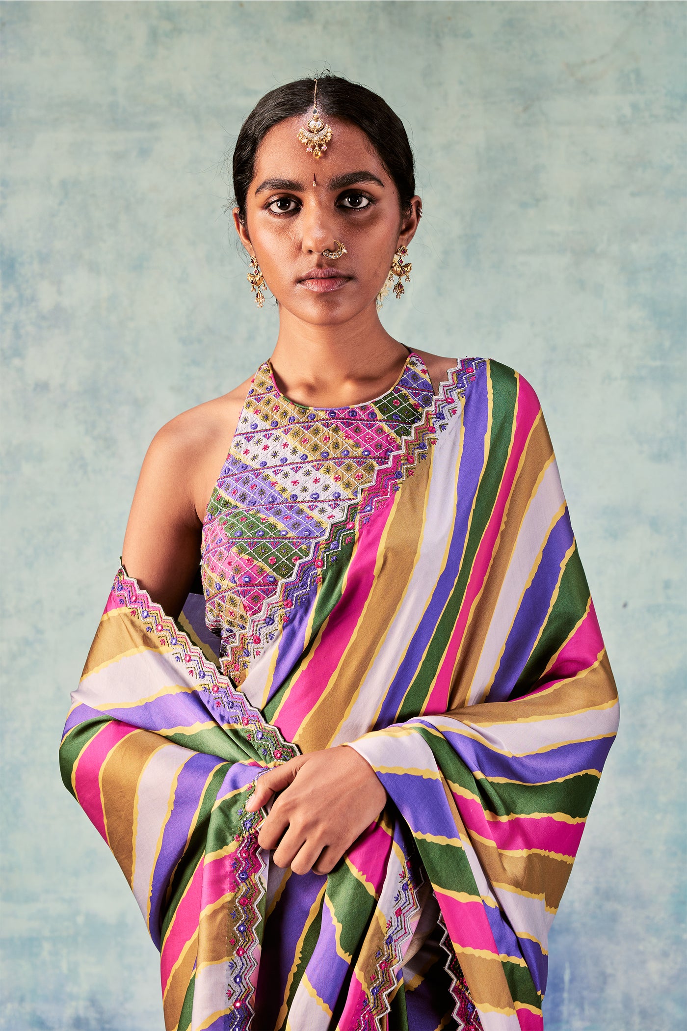 Punit Balana Stripes Saree With Rani Blouse grey pink festive indian designer wear online shopping melange singapore