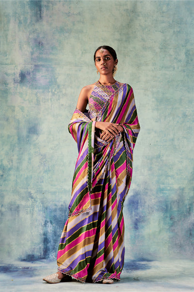 Punit Balana Stripes Saree With Rani Blouse grey pink festive indian designer wear online shopping melange singapore