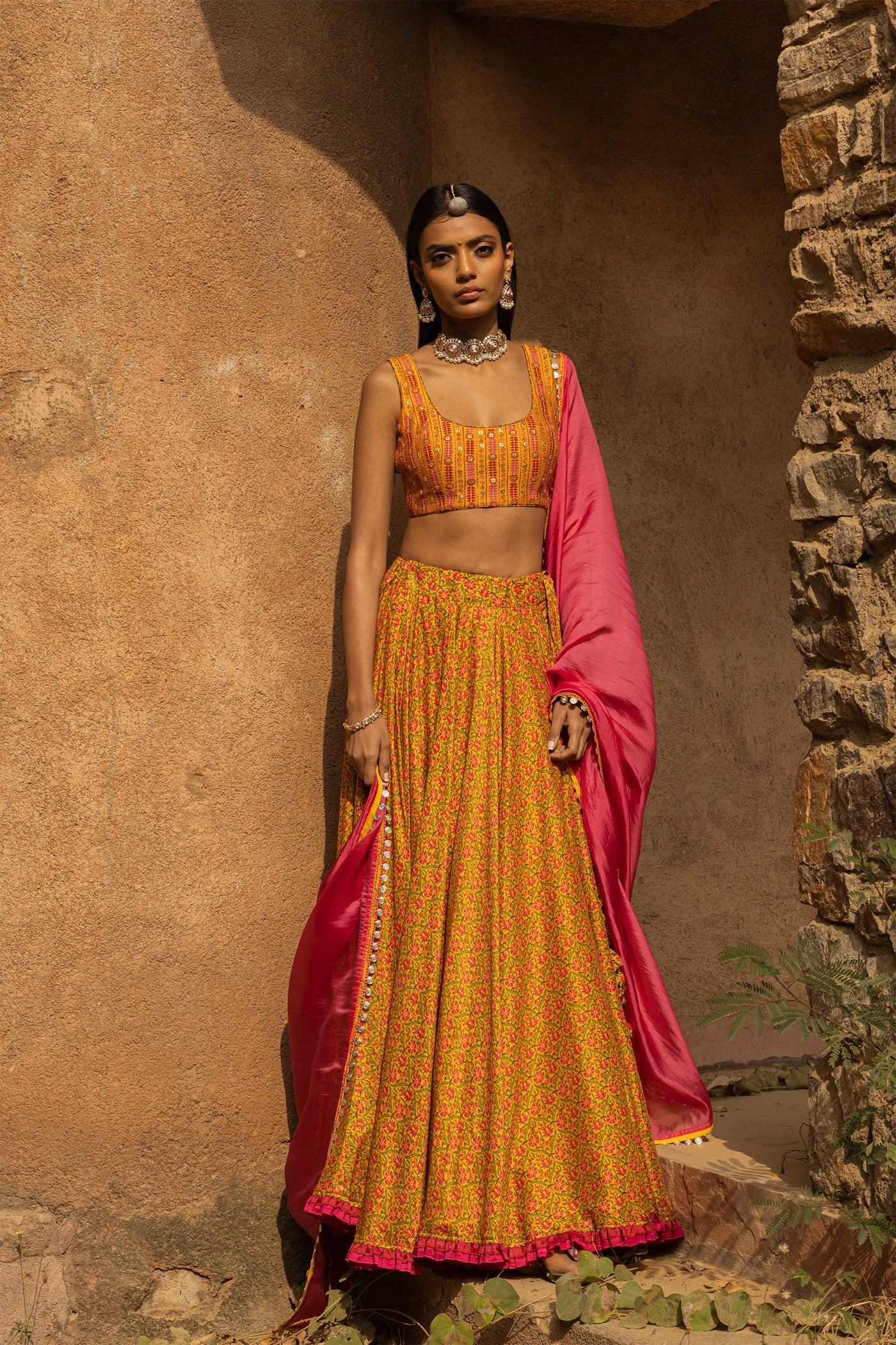 Mustard Printed Lehenga Set