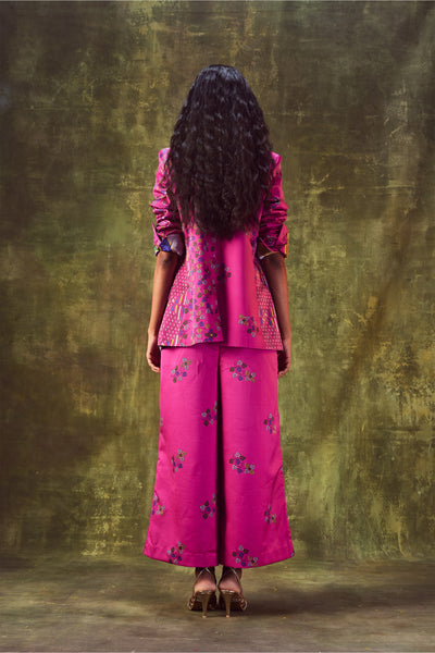 punit balana Printed jacket with cowl neck top paired with wide leg pants pink western indian designer wear online shopping melange singapore