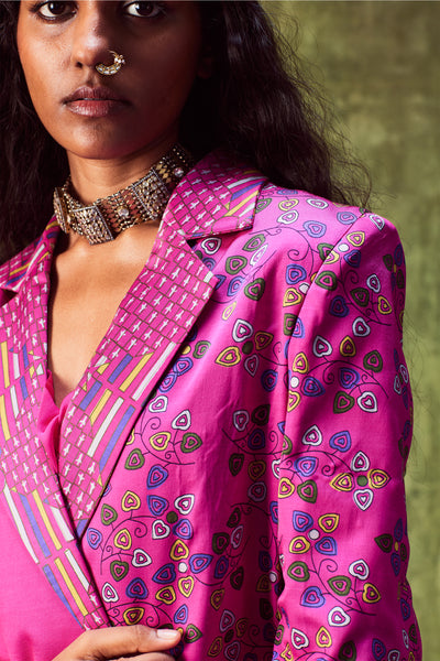 punit balana Printed jacket with cowl neck top paired with wide leg pants pink western indian designer wear online shopping melange singapore