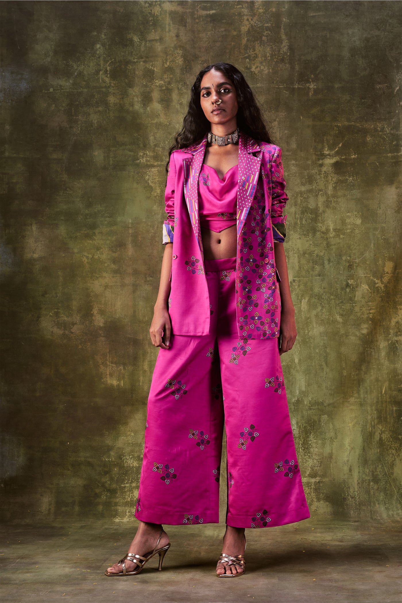 punit balana Printed jacket with cowl neck top paired with wide leg pants pink western indian designer wear online shopping melange singapore