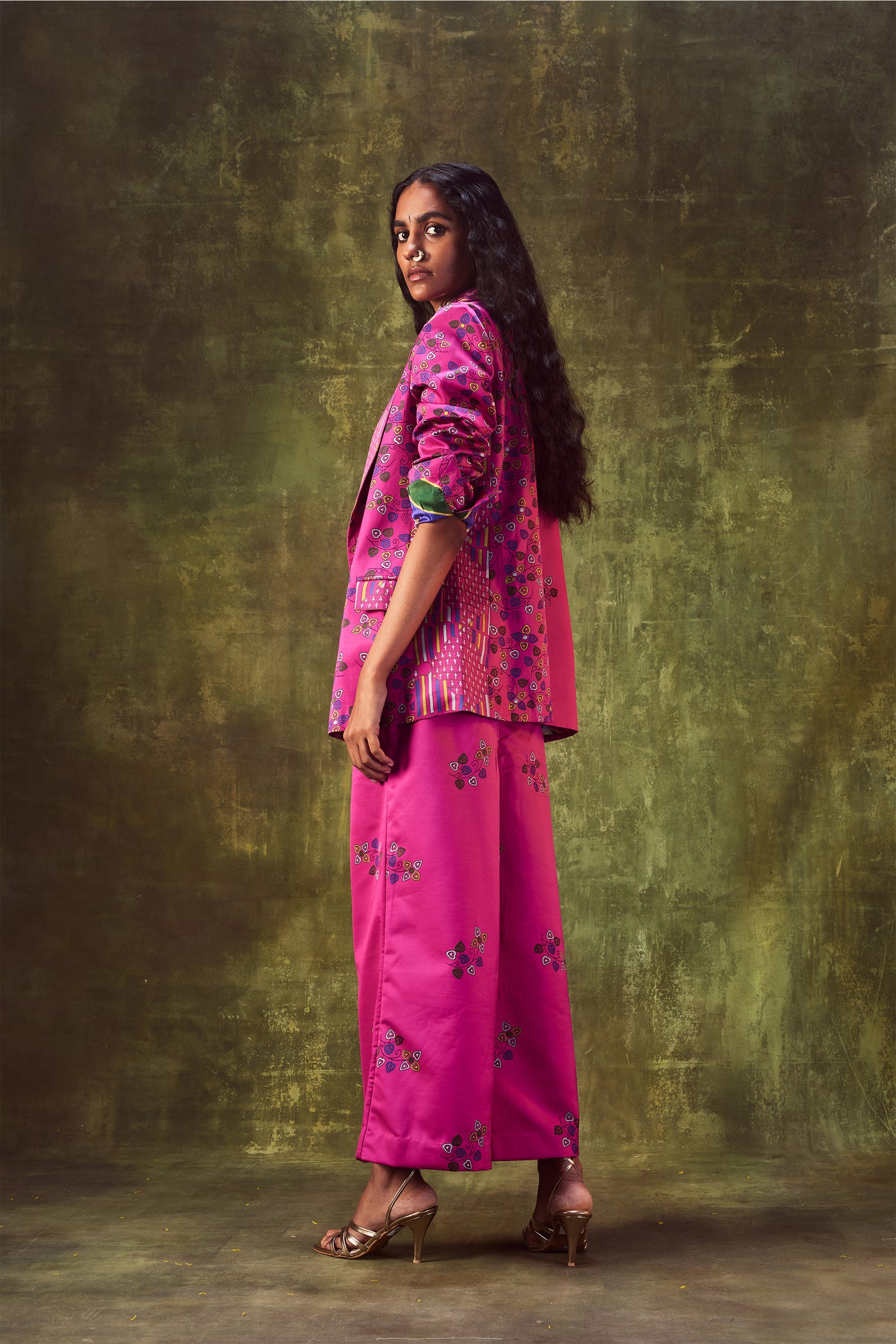 punit balana Printed jacket with cowl neck top paired with wide leg pants pink western indian designer wear online shopping melange singapore