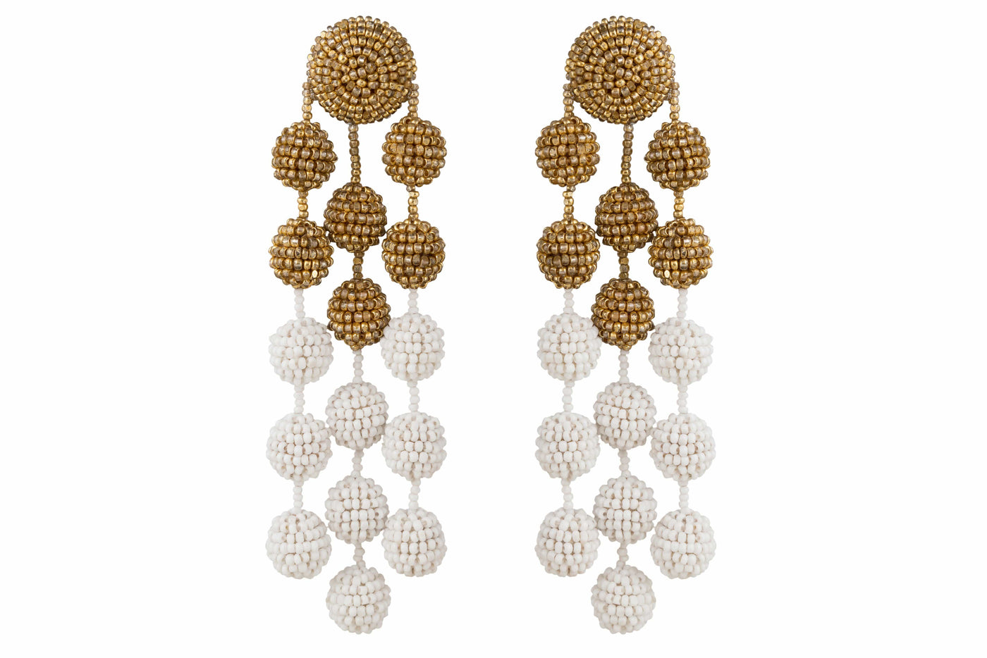 Beaded Bauble Fringe Long Earrings Gold and White