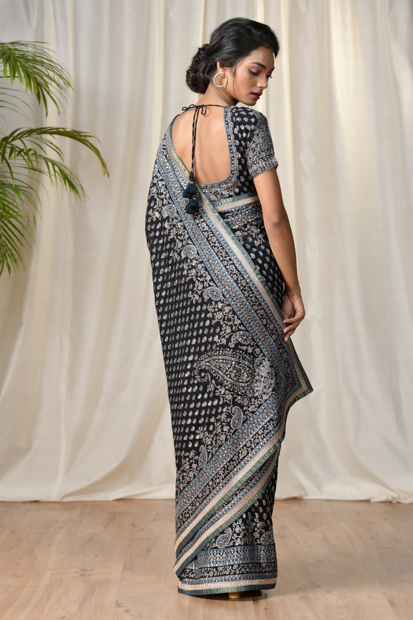 Ri Ritu Kumar Black hand embroidered saree with unstitched blouse festive bridal wedding online shopping melange singapore indian designer wear