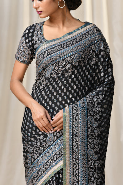 Ri Ritu Kumar Black hand embroidered saree with unstitched blouse festive bridal wedding online shopping melange singapore indian designer wear
