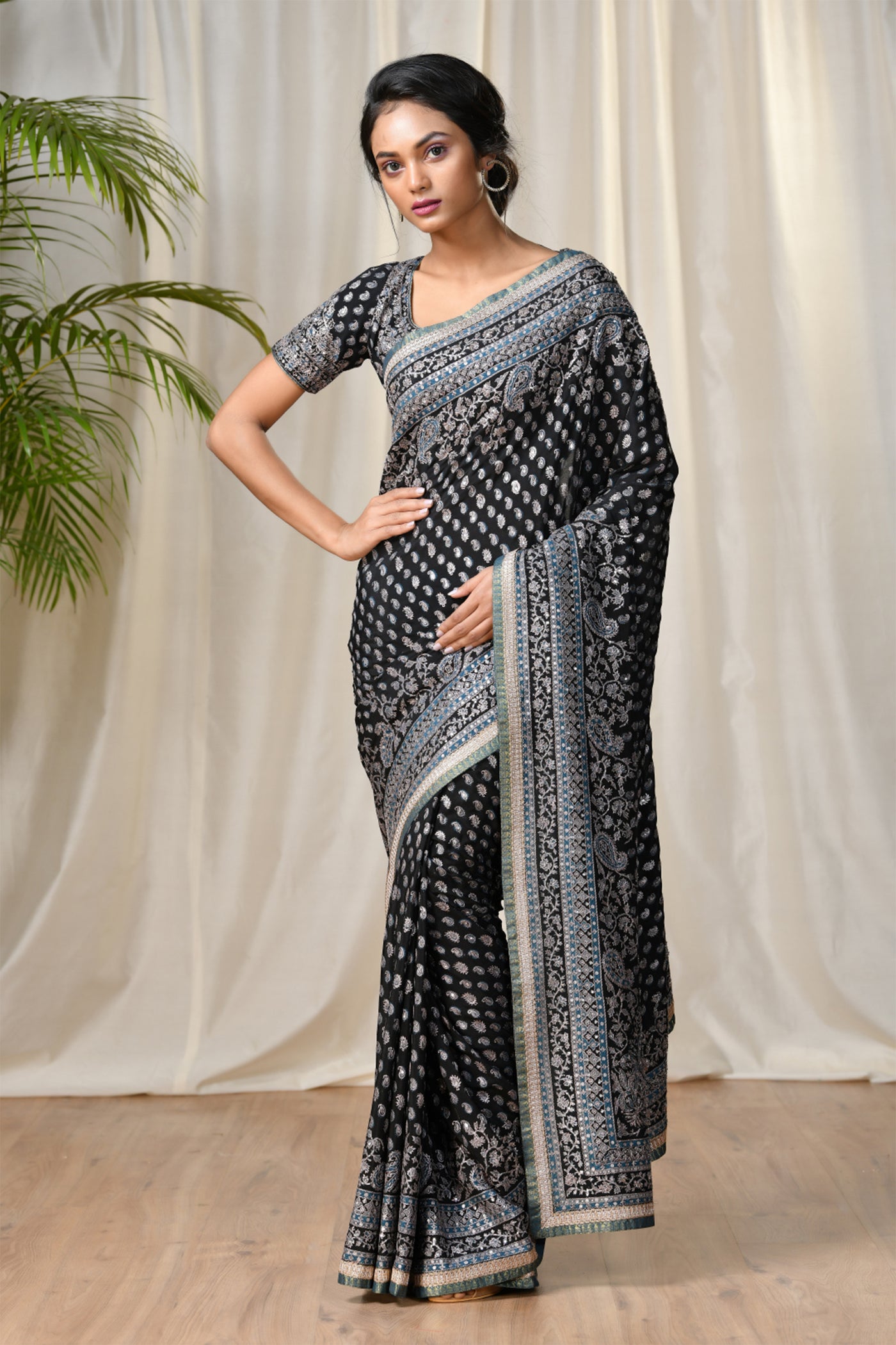Ri Ritu Kumar Black hand embroidered saree with unstitched blouse festive bridal wedding online shopping melange singapore indian designer wear 