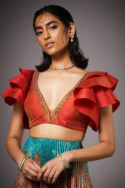 Ri Ritu Kumar Jade and multi v neck cap sleeves blouse with skirt and sash festive fusion online shopping melange singapore indian designer wear