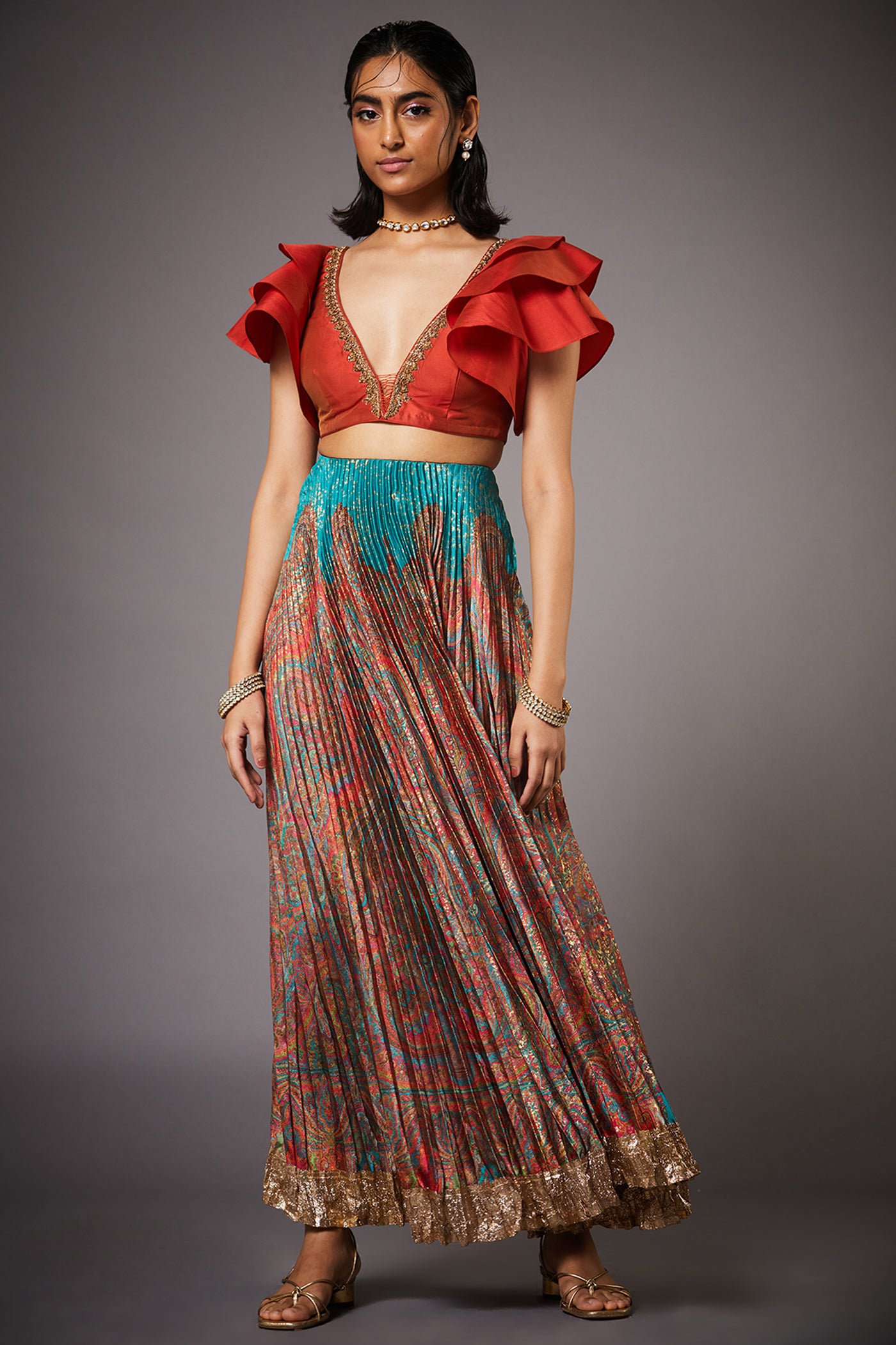 Ri Ritu Kumar Jade and multi v neck cap sleeves blouse with skirt and sash festive fusion online shopping melange singapore indian designer wear 