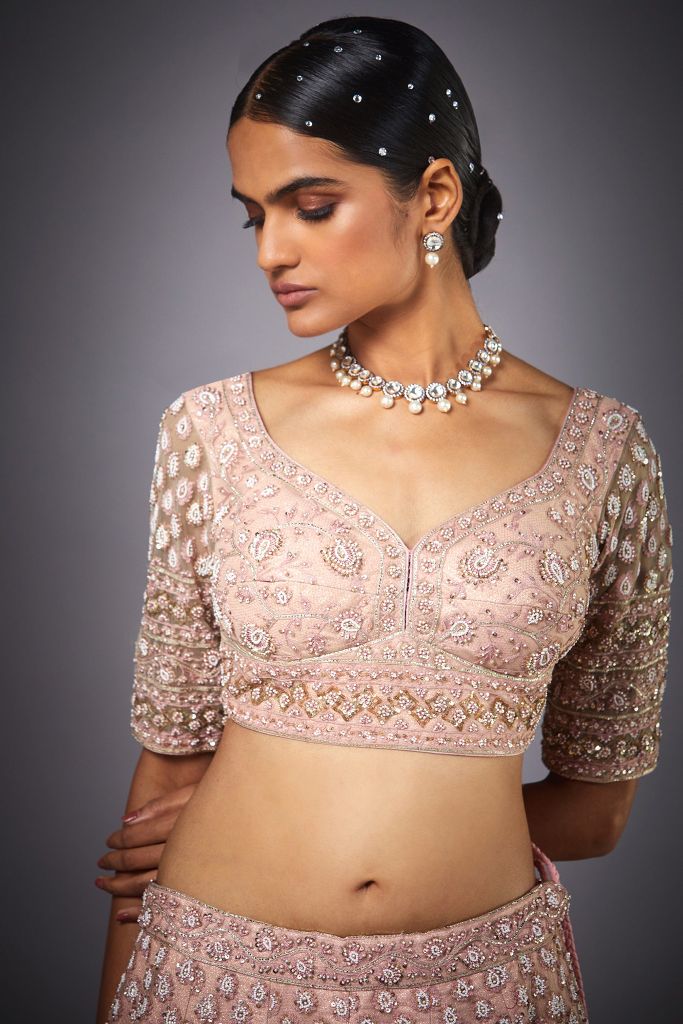 Ri Ritu Kumar Pink Pearl Embroidered Net Lehenga Set bridal wedding indian designer wear online shopping melange singapore