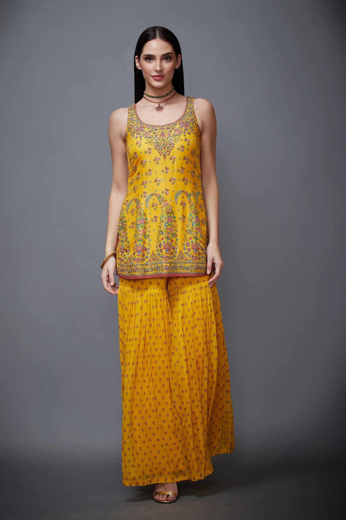 Ri Ritu Kumar Yellow kesari zardozi embroidered kurta with garara and dupatta festive online shopping melange singapore indian designer wear