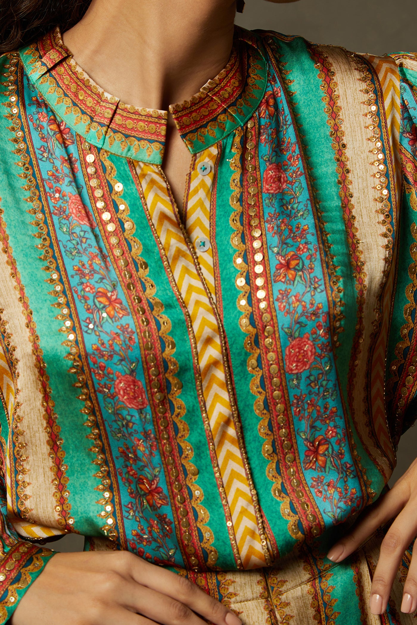 ri ritu kumar Emerald & Mustard Ariyana Top with Pant Embroidered Ensemble Set festive indian designer wear online shopping melange singapore