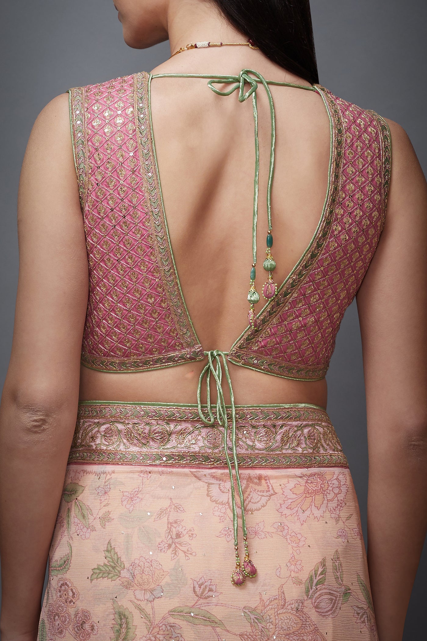 Ri Ritu Kumar V neck sleeveless stitched blouse with saree pink festive wedding bridal online shopping melange singapore indian designer wear