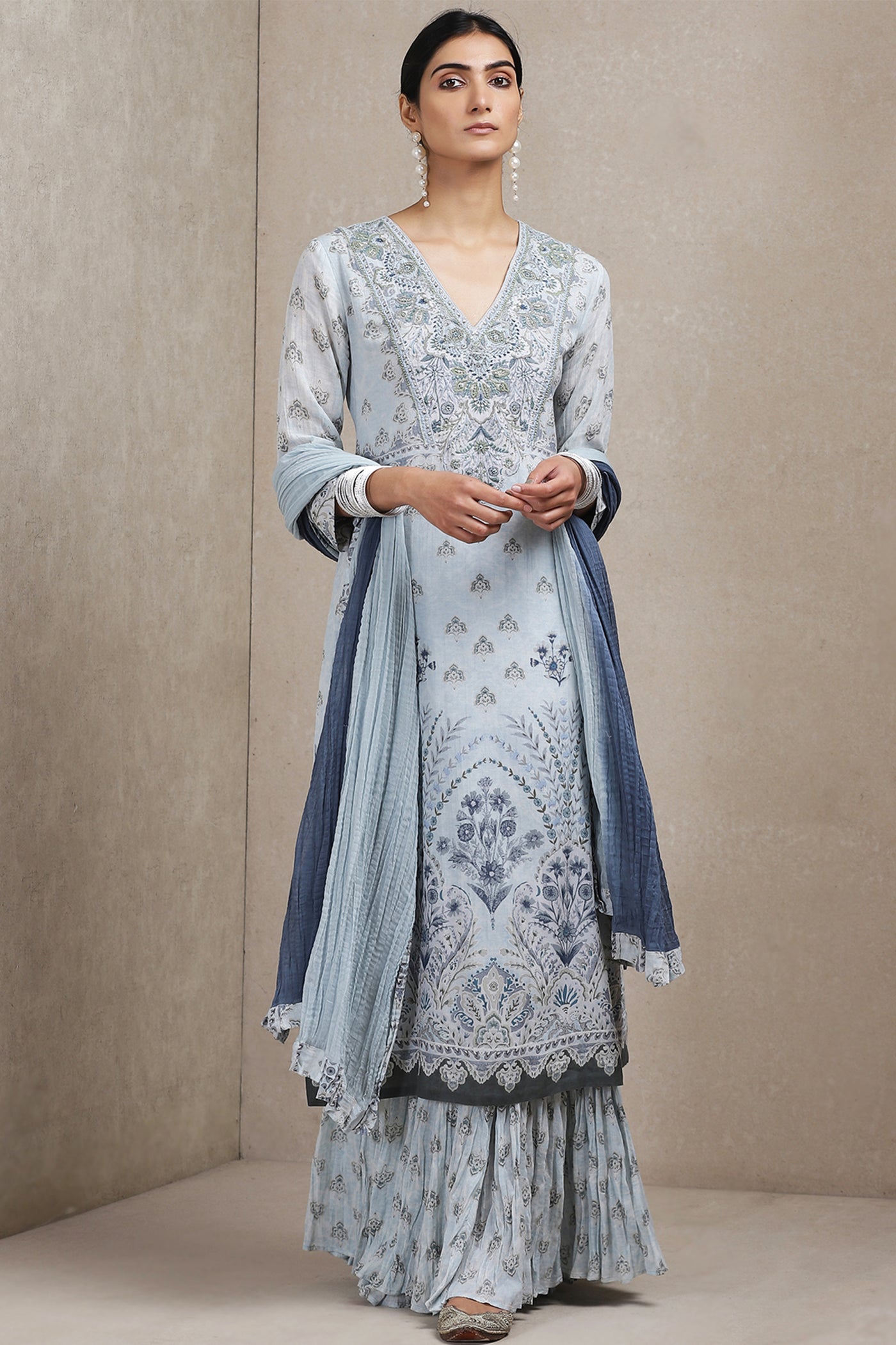 Ritu Kumar - Powder Blue Printed Kurta and Sharara set - Melange Singapore - Indian Designer Wear Online Shopping