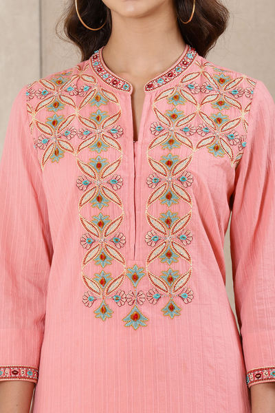 Ritu Kumar Band collar neck 3/4th sleeves embroidered kurta with pants and dupatta pink festive indian designer wear online shopping melange singapore