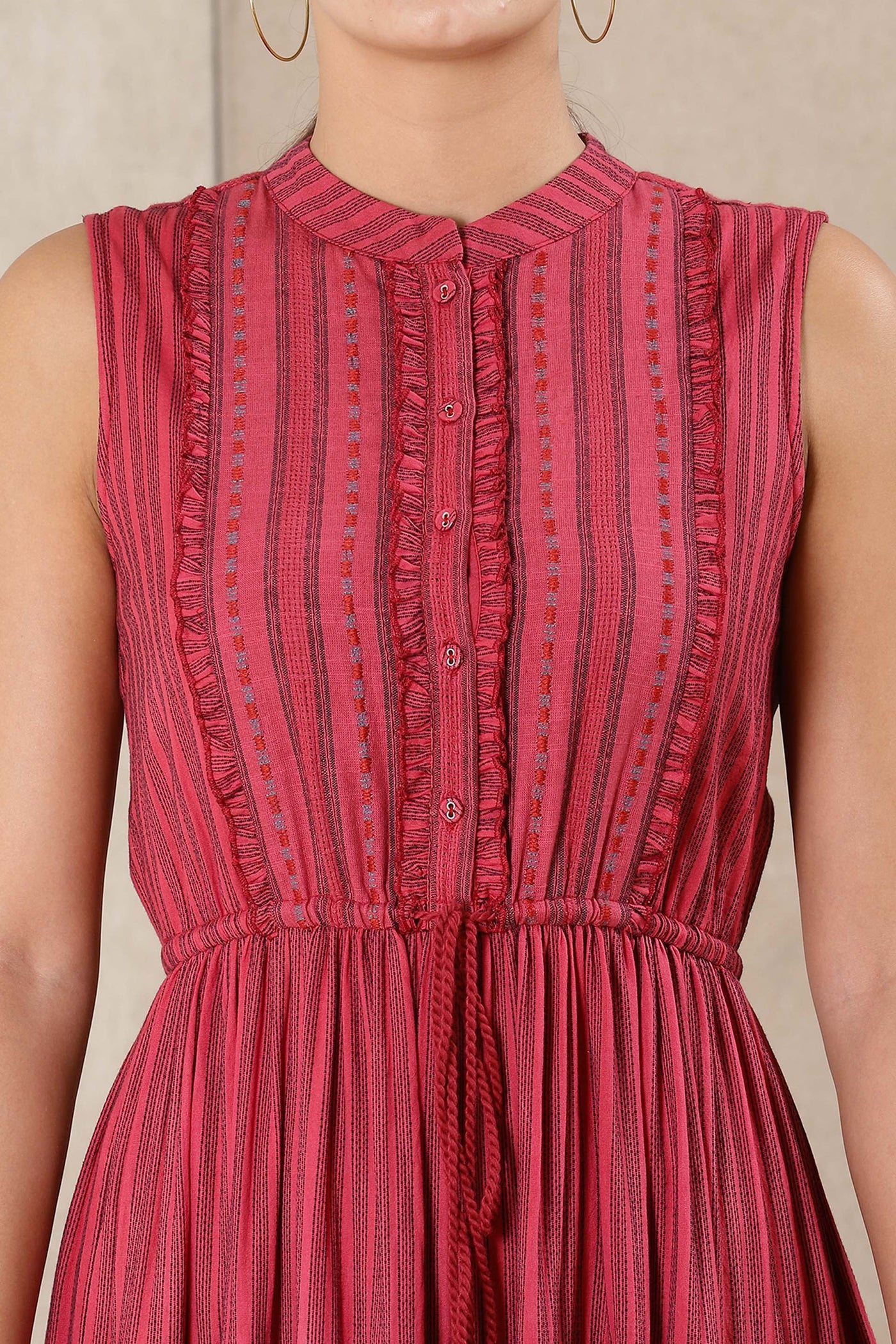 Ritu Kumar Band collar neck sleeveless yarn dyed embroidered dress red western indian designer wear online shopping melange singapore