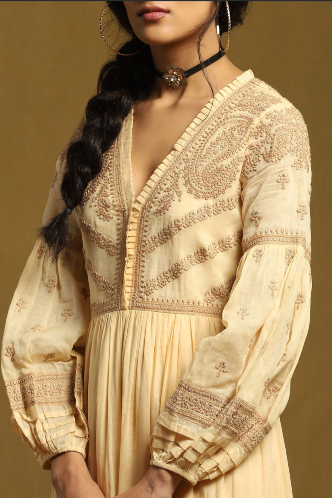 Ritu Kumar Beige Embroidered Tiered Long Dress Indian designer wear online shopping melange singapore