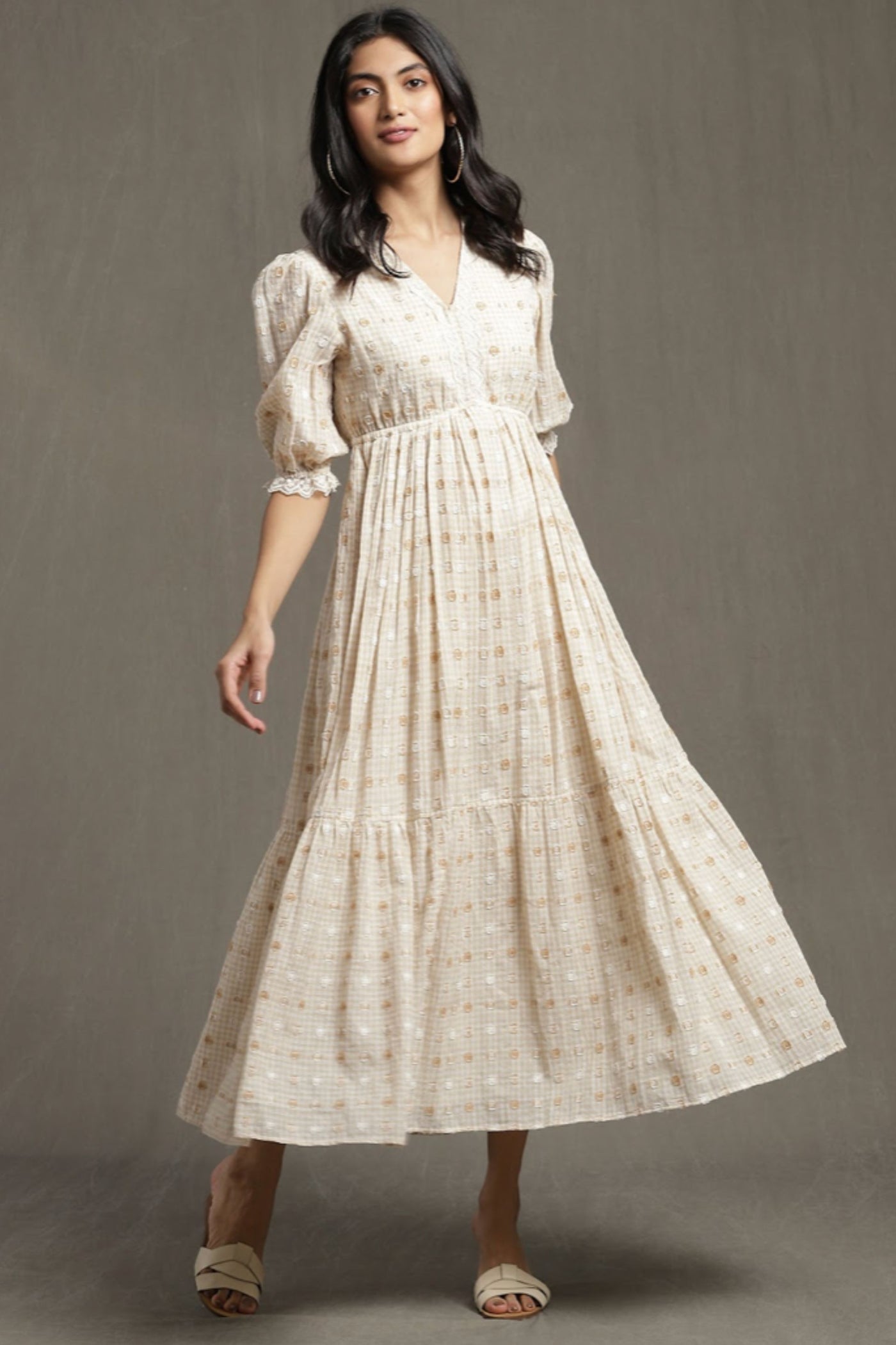 Ritu Kumar Beige Tiered Long Dress Indian designer wear online shopping melange singapore