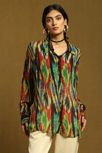 Ritu Kumar Black Ikat Print Shirt With Inner Indian designer wear online shopping melange singapore