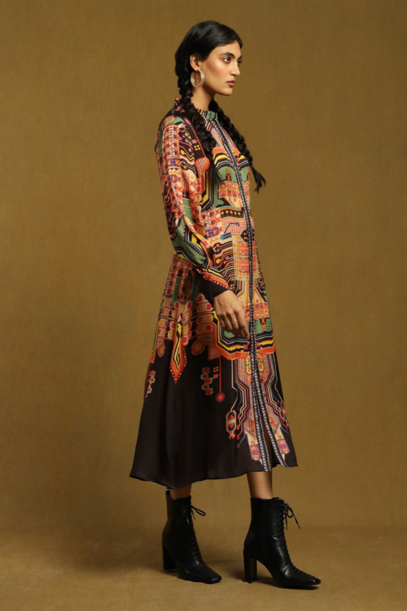Ritu Kumar Black printed button-down dress Indian designer wear online shopping melange singapore