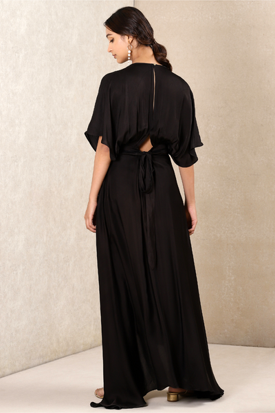 Ritu Kumar Black Satin Dress with Printed Scarf western indian designer wear online shopping melange singapore