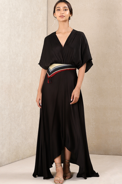 Ritu Kumar Black Satin Dress with Printed Scarf western indian designer wear online shopping melange singapore