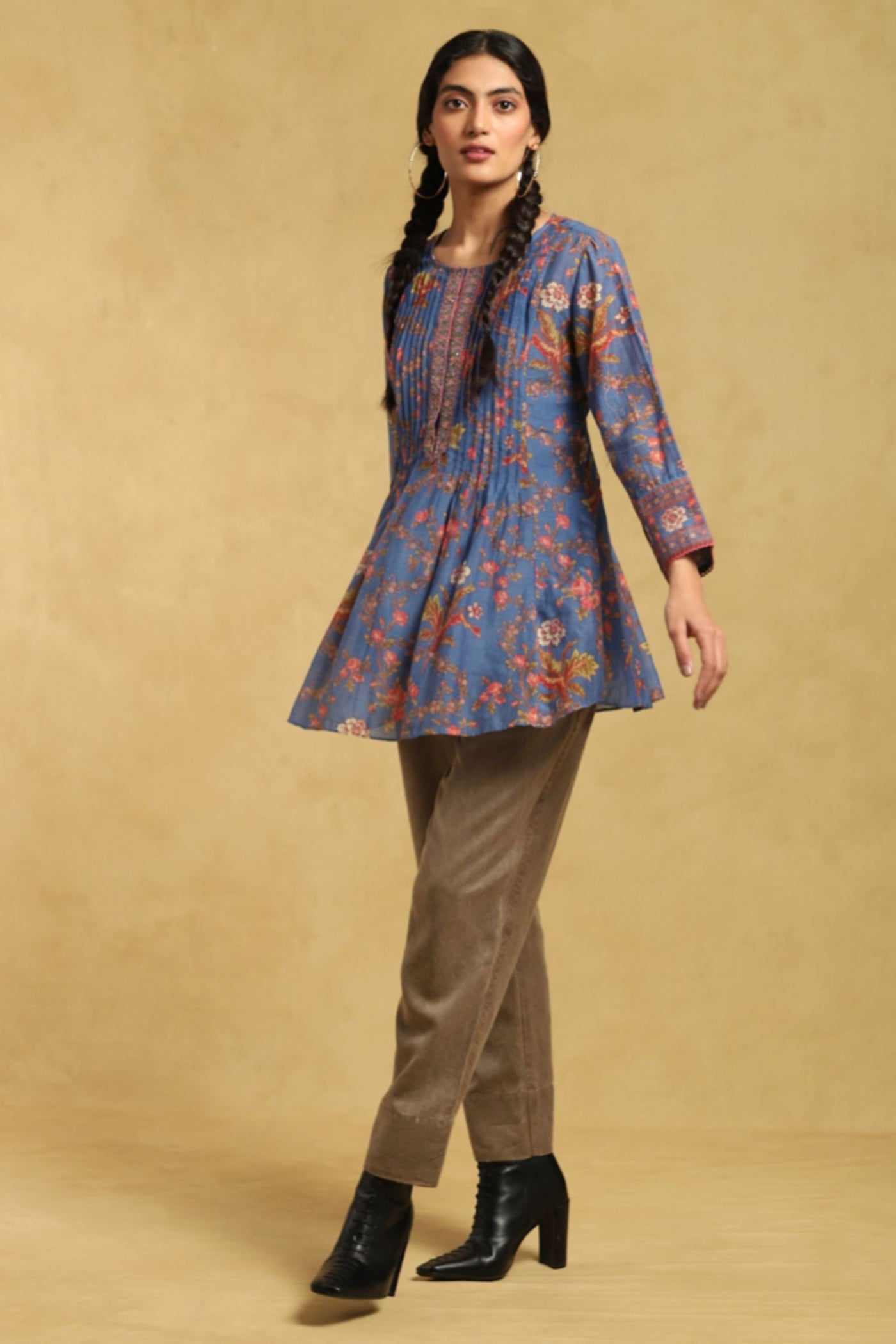  Ritu Kumar Blue Botanic Print Pintuck Kurti Indian designer wear online shopping melange singapore