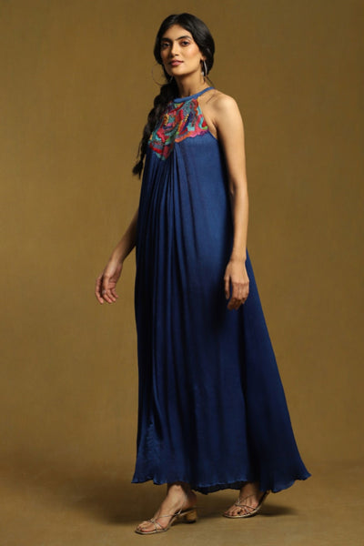 Ritu Kumar Blue Embroidered Halter Long Dress Indian designer wear online shopping melange singapore