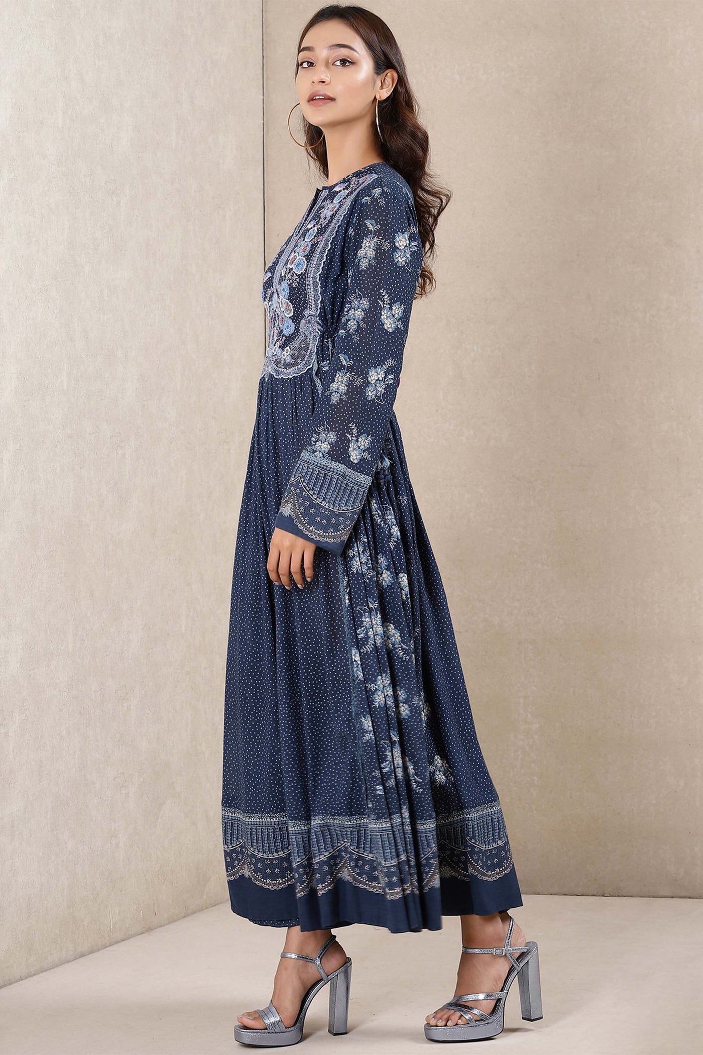 Ritu Kumar Blue Printed Kurta western indian designer wear online shopping melange singapore