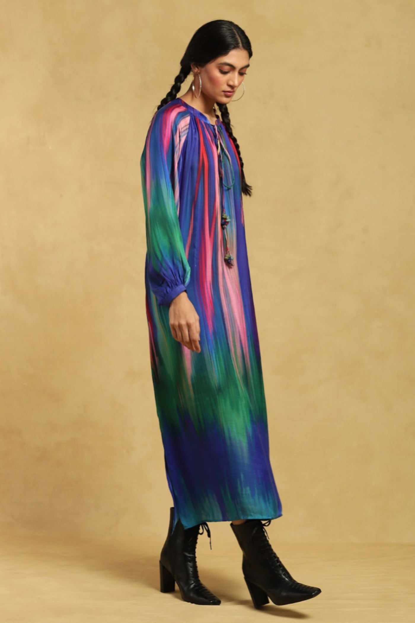 Ritu Kumar Blue Printed Long Dress With Drawstring Detail Indian designer wear online shopping melange singapore