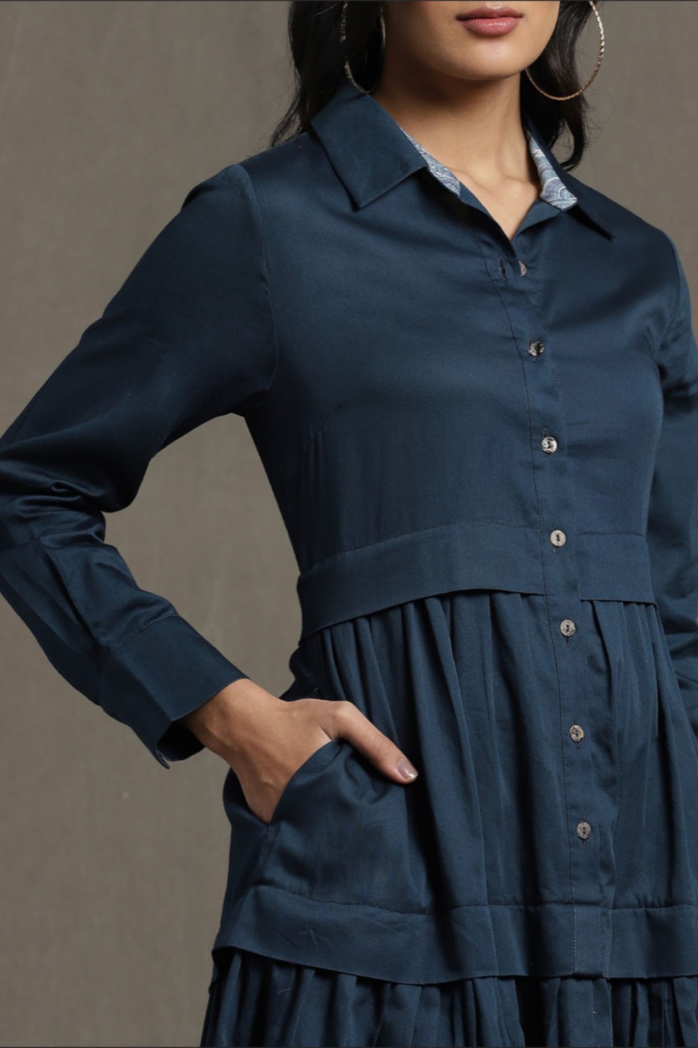 Ritu Kumar Blue shirt dress with ruffled hem Indian designer wear online shopping melange singapore