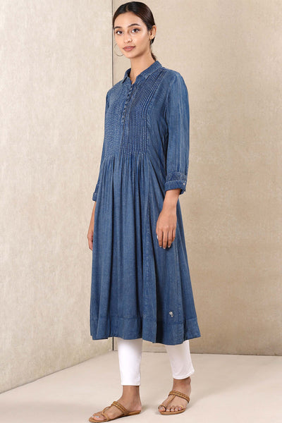 Ritu kumar Collar Neck 3/4 Sleeves Kurta With Pintucks blue festive indian designer wear online shopping melange singapore