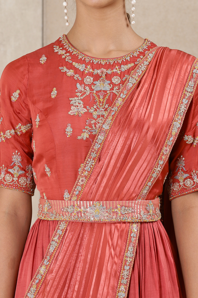 Ritu Kumar Coral Embroidered Chanderi Kurta With Dupatta And Belt festive indian designer wear online shopping melange singapore