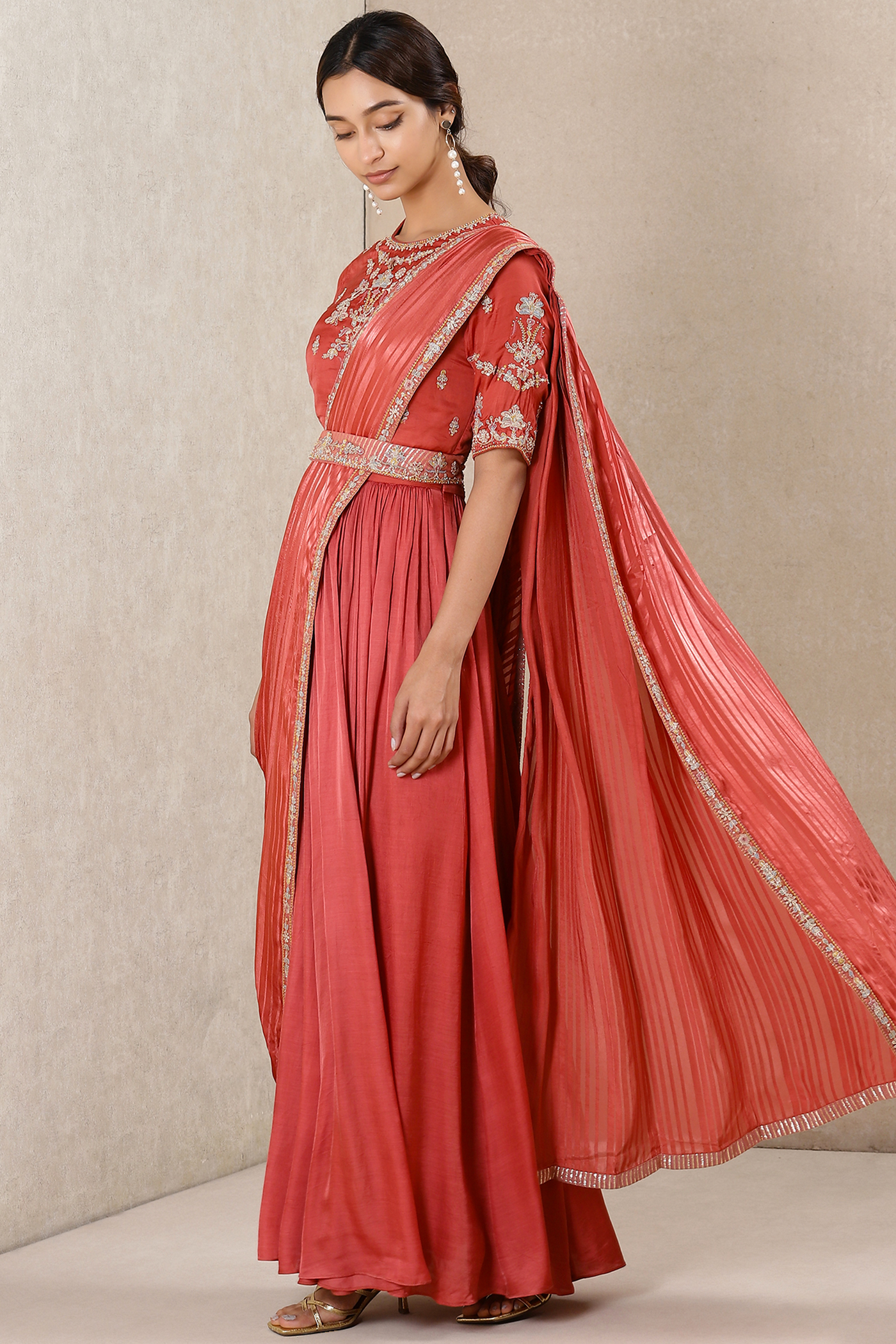 Ritu Kumar Coral Embroidered Chanderi Kurta With Dupatta And Belt festive indian designer wear online shopping melange singapore