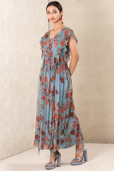 Ritu Kumar Dusty Blue Floral Print Dress With Camisole western indian designer wear online shopping melange singapore