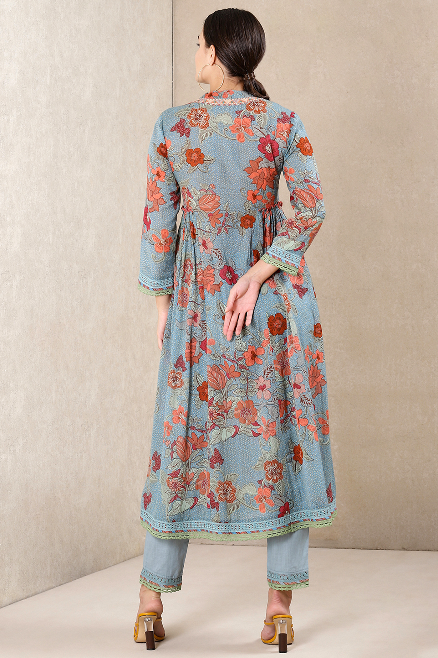 Ritu Kumar Dusty Blue Floral Print Kurta With Pant festive indian designer wear online shopping melange singapore