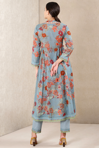 Ritu Kumar Dusty Blue Floral Print Kurta With Pant festive indian designer wear online shopping melange singapore